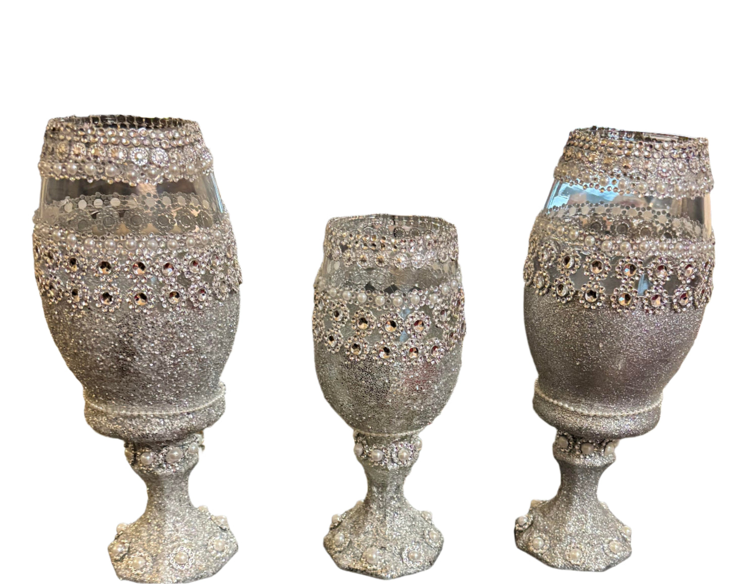 Home Decor - Decorative Silver Gittler and Faux Bling 3 pcs. Glass Goblet Set ( Not to be used for consumption use)