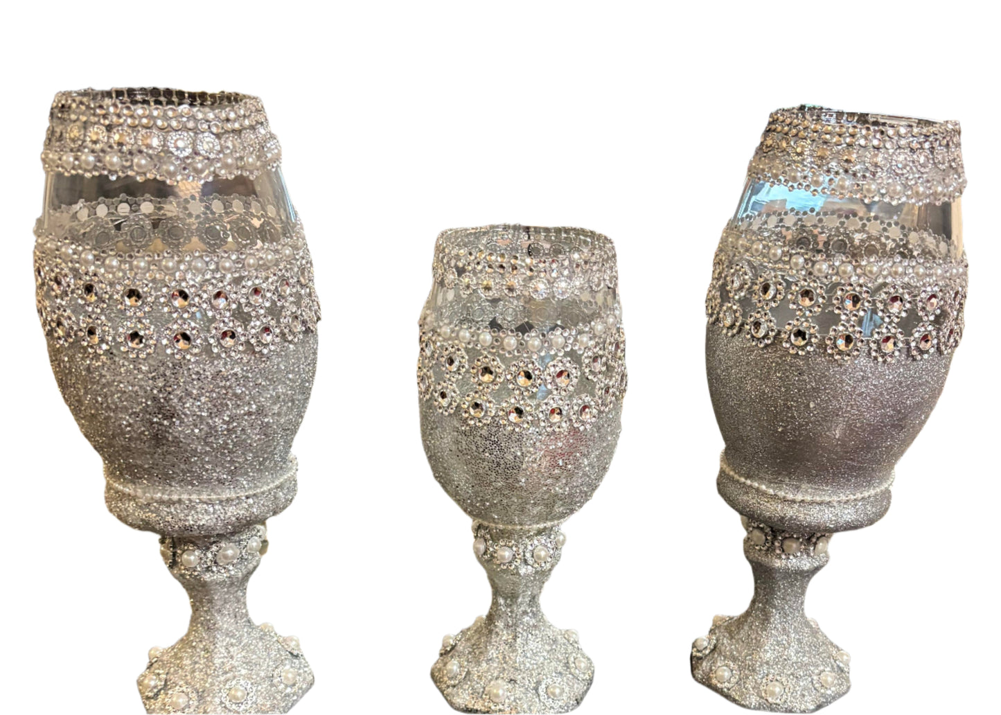 Home Decor - Decorative Silver Gittler and Faux Bling 3 pcs. Glass Goblet Set ( Not to be used for consumption use)