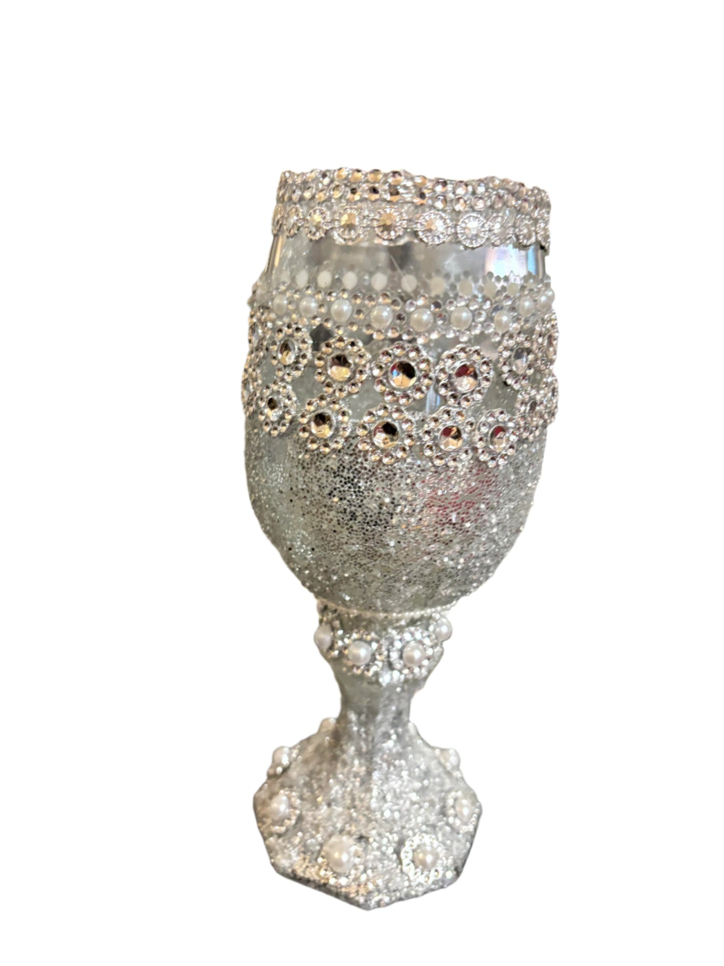 Home Decor - Decorative Silver Gittler and Faux Bling 3 pcs. Glass Goblet Set ( Not to be used for consumption use)