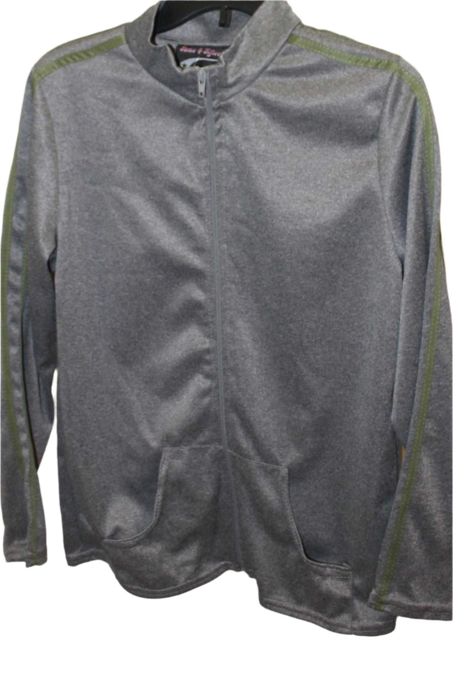 Women 2PCS Grey Tracksuit - Olive stripes Zip Jacket & Pants Casual Suit