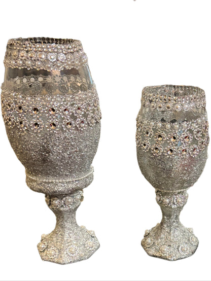 Home Decor - Decorative Silver Gittler and Faux Bling 3 pcs. Glass Goblet Set ( Not to be used for consumption use)