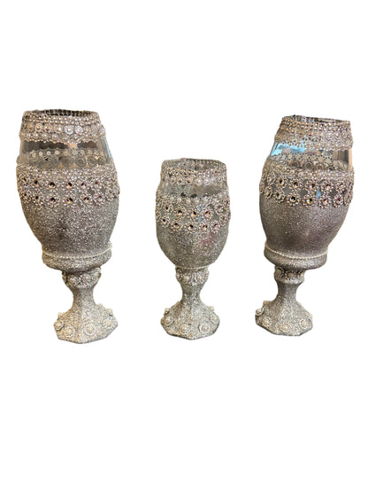 Home Decor - Decorative Silver Gittler and Faux Bling 3 pcs. Glass Goblet Set ( Not to be used for consumption use)