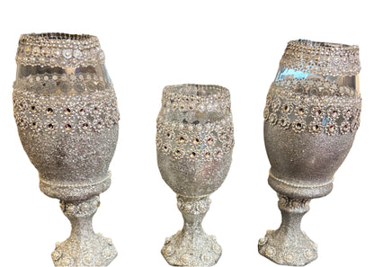 Home Decor - Decorative Silver Gittler and Faux Bling 3 pcs. Glass Goblet Set ( Not to be used for consumption use)