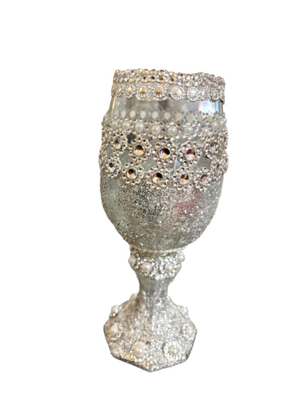 Home Decor - Decorative Silver Gittler and Faux Bling 3 pcs. Glass Goblet Set ( Not to be used for consumption use)