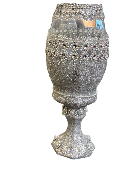 Home Decor - Decorative Silver Gittler and Faux Bling 3 pcs. Glass Goblet Set ( Not to be used for consumption use)