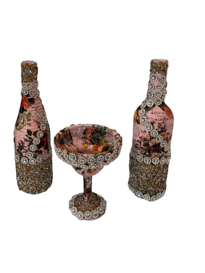 Home Decor Decoupaged Bottle Set - 2 Flower Designed Bottles & 1 Plastic Goblet Trimmed with Glitter Wrap