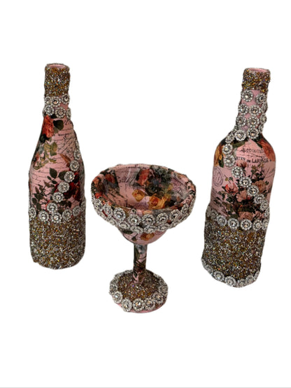 Home Decor Decoupaged Bottle Set - 2 Flower Designed Bottles & 1 Plastic Goblet Trimmed with Glitter Wrap