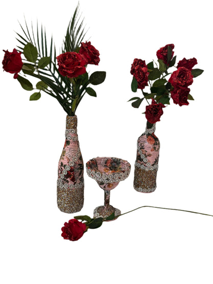 Home Decor Decoupaged Bottle Set - 2 Flower Designed Bottles & 1 Plastic Goblet Trimmed with Glitter Wrap
