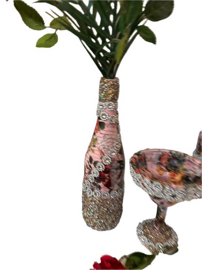 Home Decor Decoupaged Bottle Set - 2 Flower Designed Bottles & 1 Plastic Goblet Trimmed with Glitter Wrap