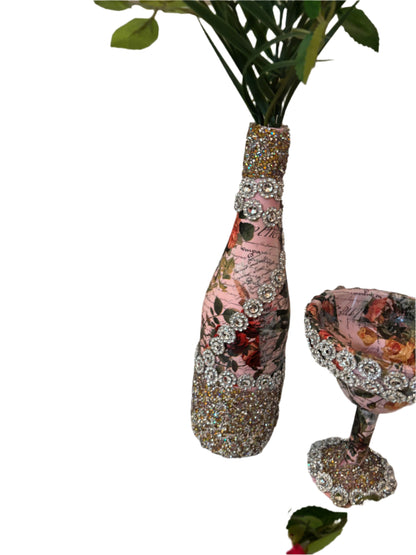 Home Decor Decoupaged Bottle Set - 2 Flower Designed Bottles & 1 Plastic Goblet Trimmed with Glitter Wrap