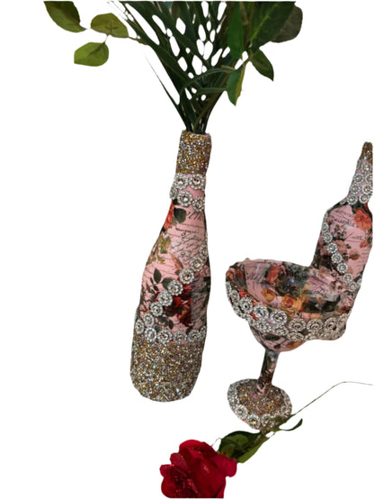 Home Decor Decoupaged Bottle Set - 2 Flower Designed Bottles & 1 Plastic Goblet Trimmed with Glitter Wrap