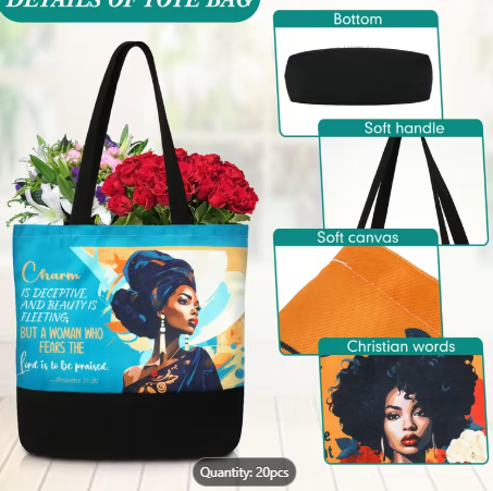 ETHNIC QUEEN CANVAS TOTE BAGS WITH SPIRITUAL QUOTES